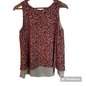 Loft Womens Tank Top Blouse orange Floral Sleeveless Scoop Neck Pleated Button S